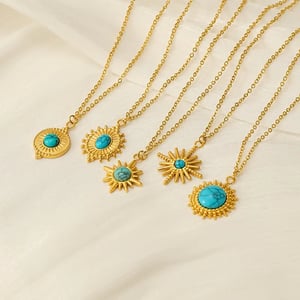 1 piece classic retro style geometric shape stainless steel  gold plated inlay turquoise women's pendant necklace h5